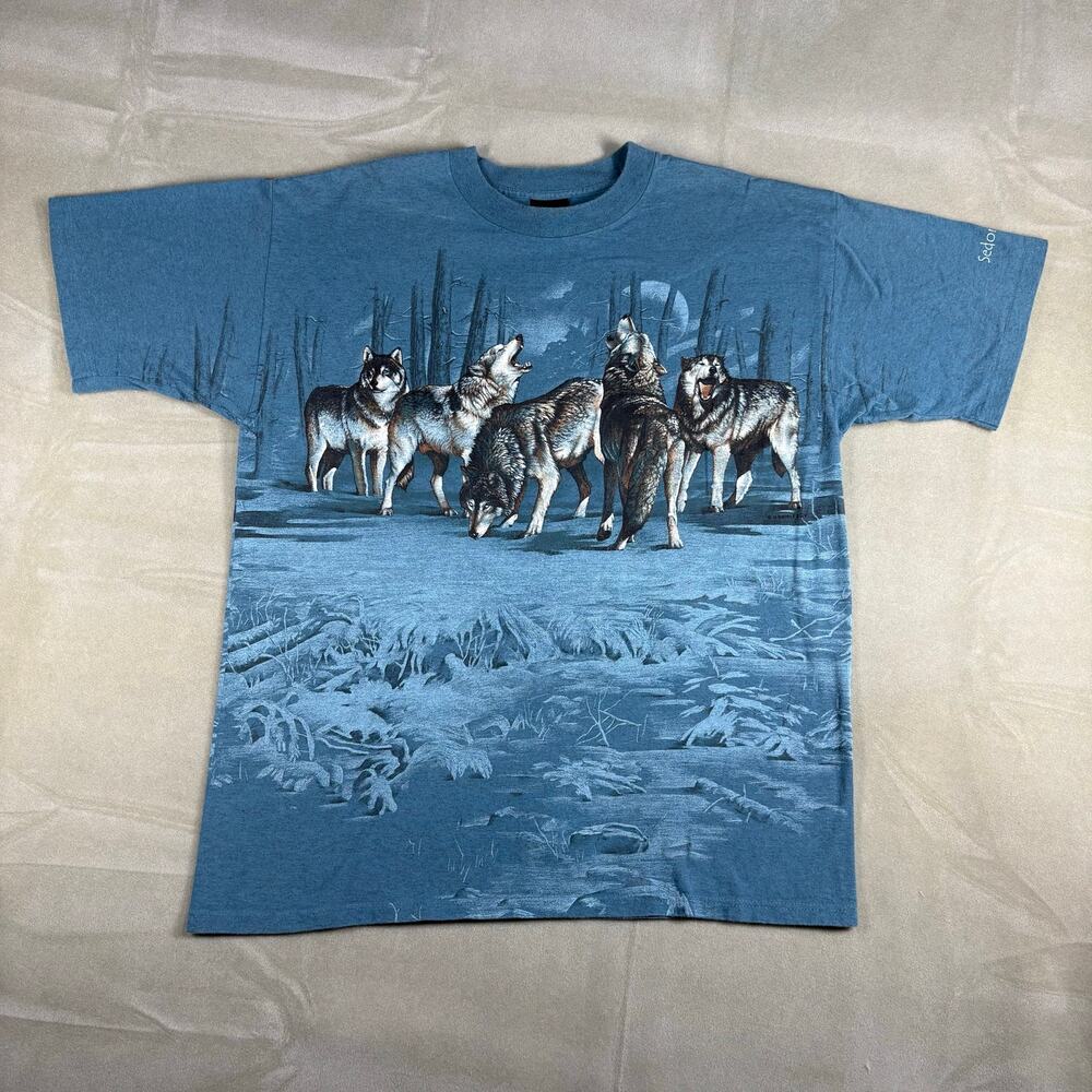 Vintage Habitat Wolf Pack Moon Nature Graphic T Shirt USA Made Blue XL 90s Y2K